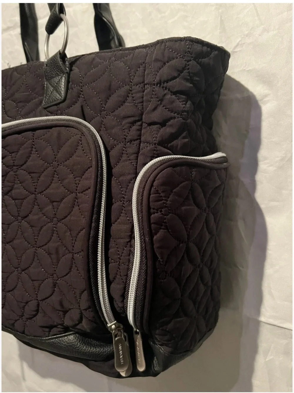 Bananfish Quilted Black Diaper Bag with Front Zip Pocket and side zip pockets